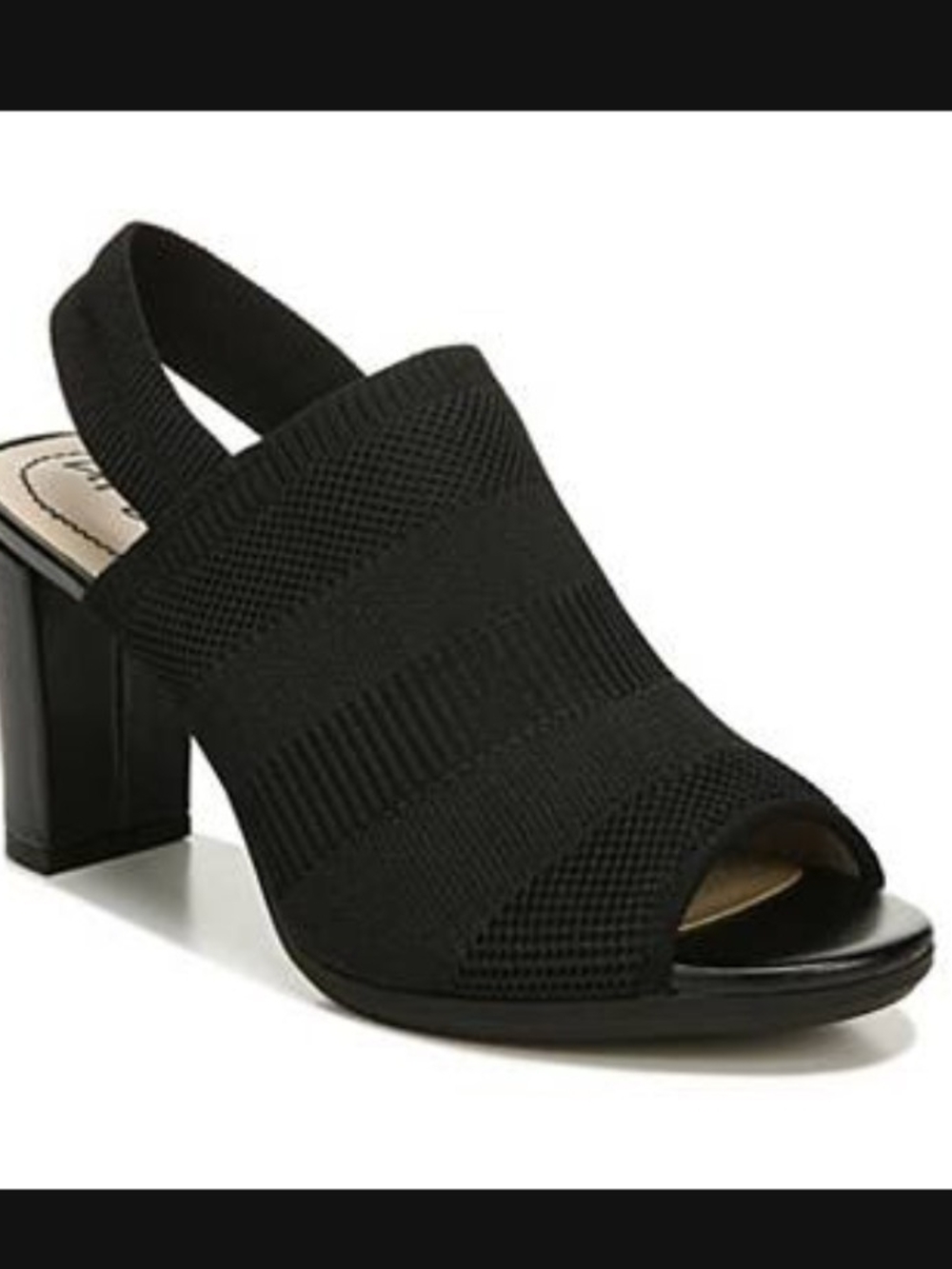 Life Stride Black Knit Peep-Toe Slingback Block Heel